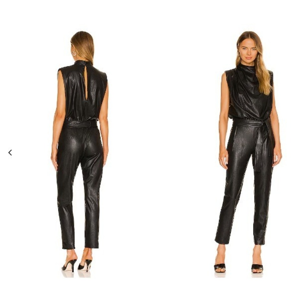 Amanda Uprichard Fabienne Faux Leather Jumpsuit Womens L Black Sleeveless Party